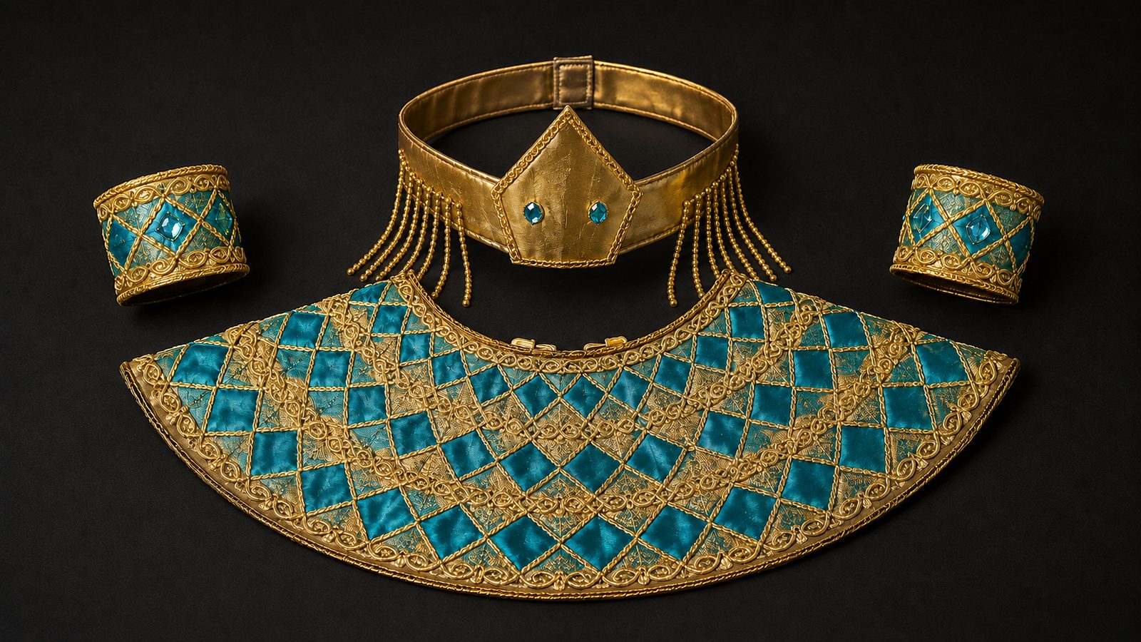 Close-up detail of Egyptian costume accessories: a gold jewelled collar, a beaded headpiece, and gold wrist cuffs laid out together