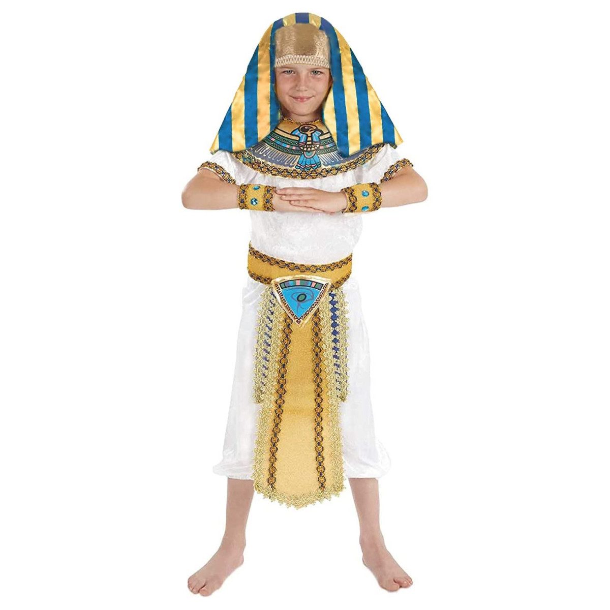 Kids Egyptian Pharaoh costume: blue and gold striped headdress, printed winged-scarab collar, white top and trousers, gold belt with a front sash, and jewelled wrist cuffs