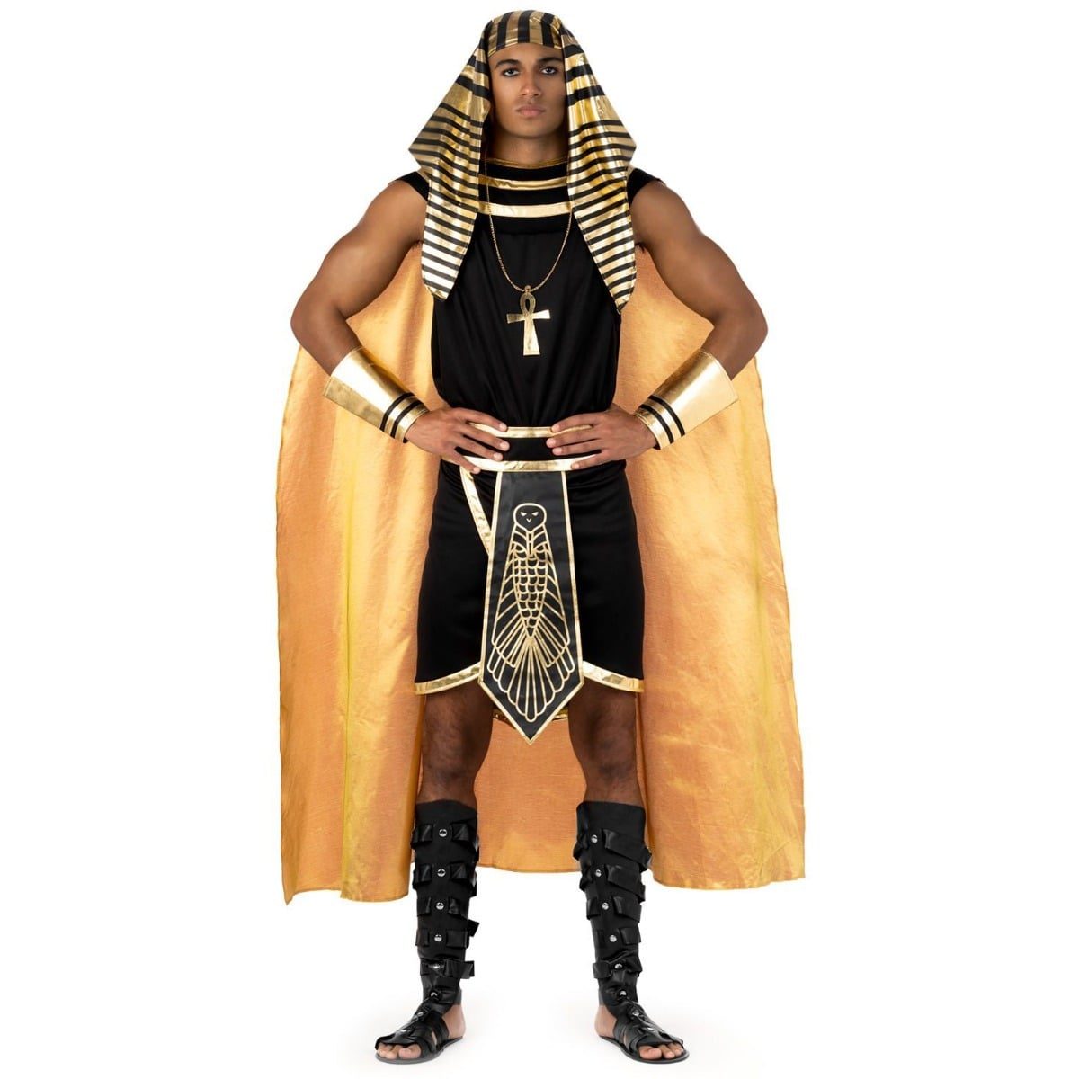 Mens Egyptian Pharaoh costume: gold and black striped headdress, black top, black and gold skirt with an apron panel, long gold cape, arm cuffs, and an ankh pendant necklace