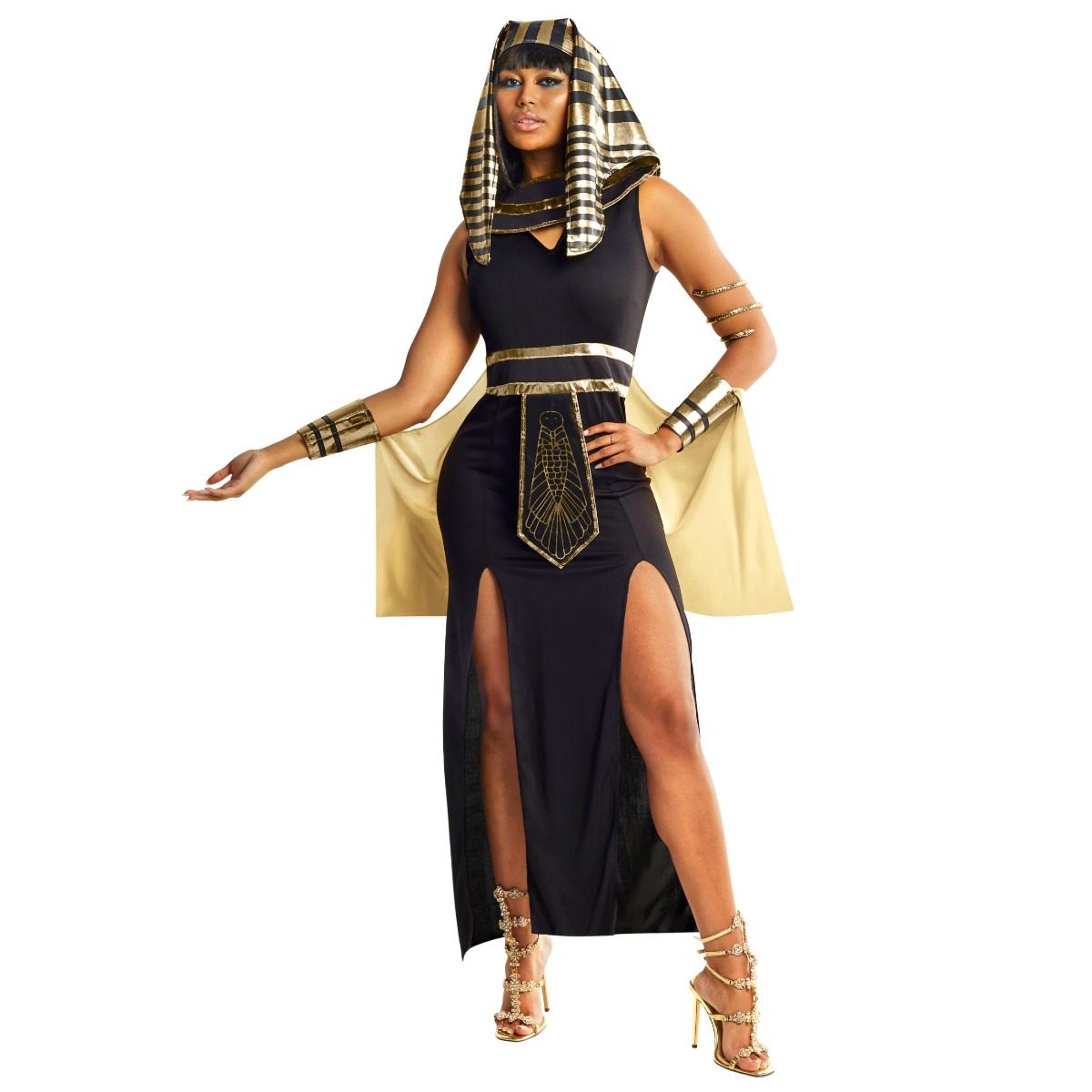 Womens Egyptian Pharaoh Queen costume: black sleeveless maxi dress with gold trim, black and gold striped head scarf, ornate gold belt panel, and gold arm cuffs with pale gold drapes