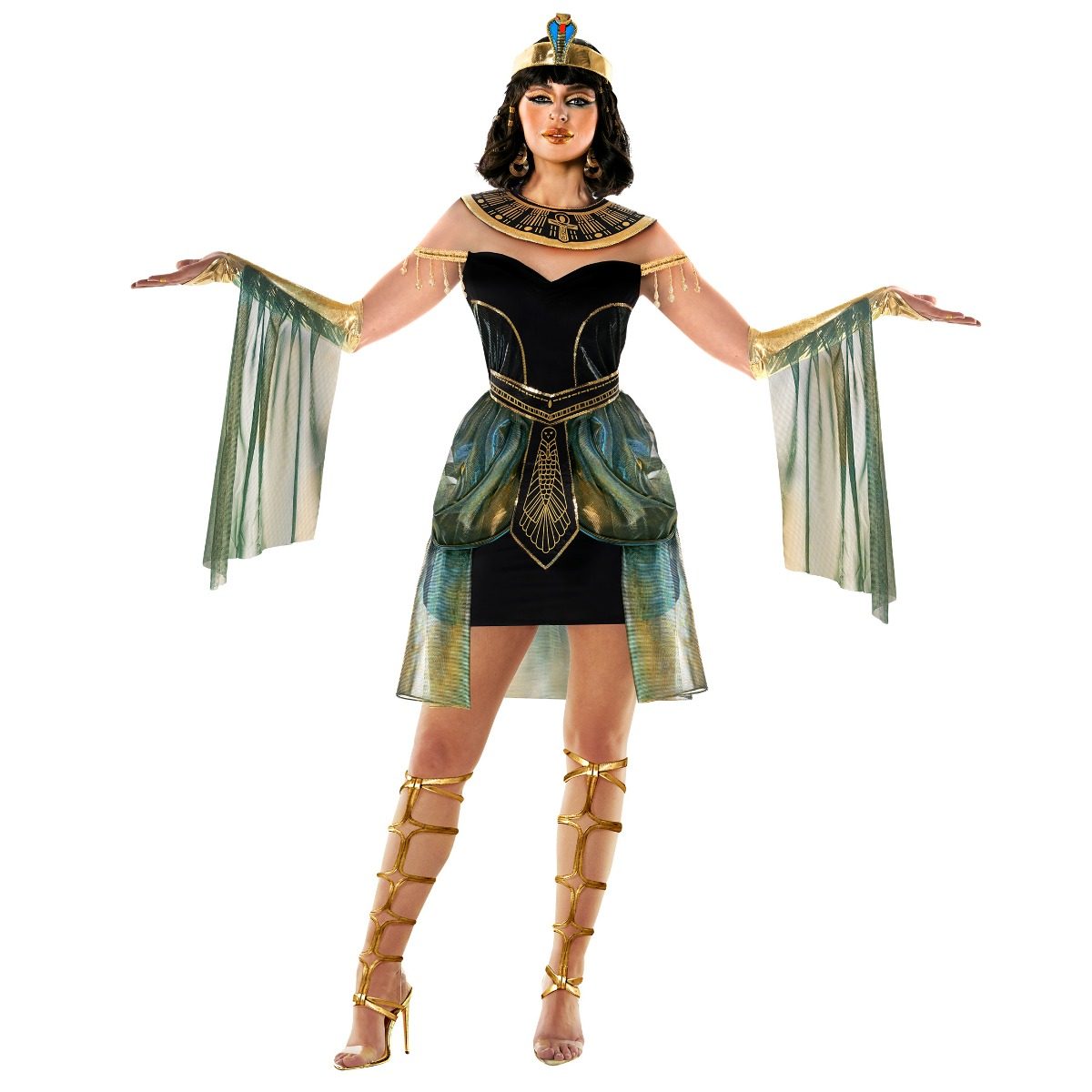 Womens Queen of the Nile Egyptian costume: black and gold off-shoulder mini-dress with a printed collar, gold crown headband, and long gold arm cuffs with dark mesh drapes
