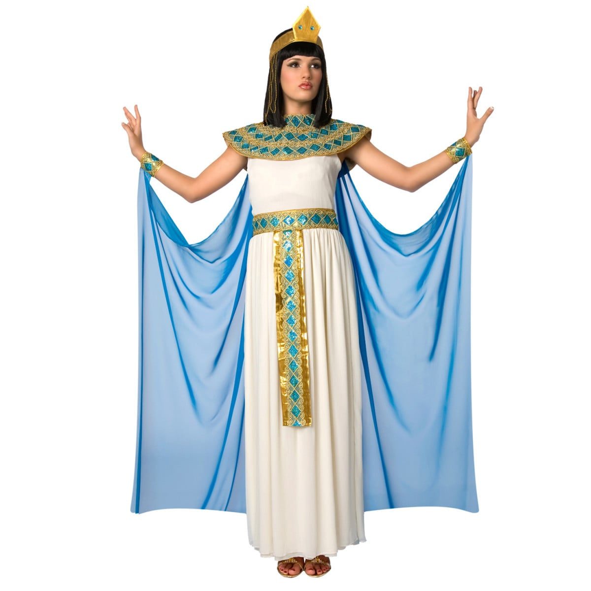 Womens Cleopatra Egyptian costume: cream pleated floor-length dress with a teal and gold jewelled collar, gold jewelled belt, light blue cape panels, beaded headpiece, and gold wrist cuffs, with close-up detail insets