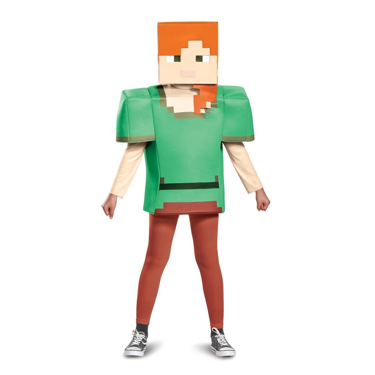 Kids Classic Minecraft Alex costume, a character mask and tunic in Alex's recognisable colours from the game, worn by a child