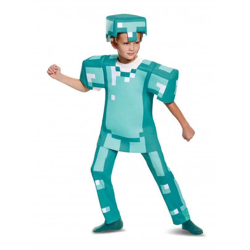 Kids Deluxe Minecraft Armour costume, a 3D diamond-pattern top, trousers and soft character headpiece, worn by a child