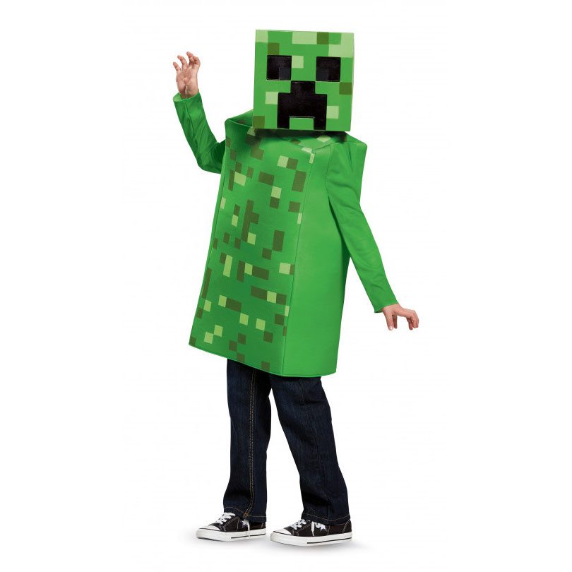 Kids Classic Minecraft Creeper costume, a 3D constructed green block-textured tunic with a half mask, worn by a child