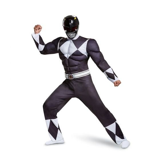Mens Power Rangers Black Ranger Muscle Costume: black bodysuit with white diamond muscle panelling, a white belt, and a streamlined glossy black helmet with a thin light visor trim