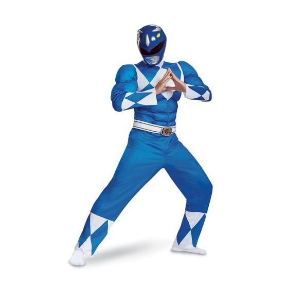 Mens Power Rangers Blue Ranger Muscle Costume: blue bodysuit with white triangular muscle panelling on the shoulders and forearms, a white belt, and a glossy blue helmet with a narrow black visor