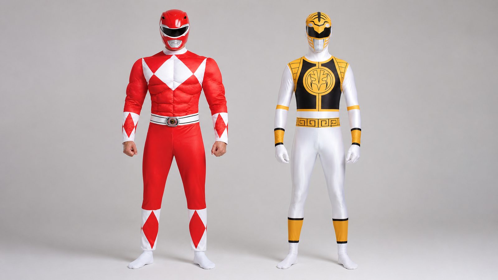 Side-by-side comparison of a padded, sculpted muscle-costume silhouette with a moulded helmet next to a smooth, close-fitting stretch Morphsuit silhouette with a soft printed hood