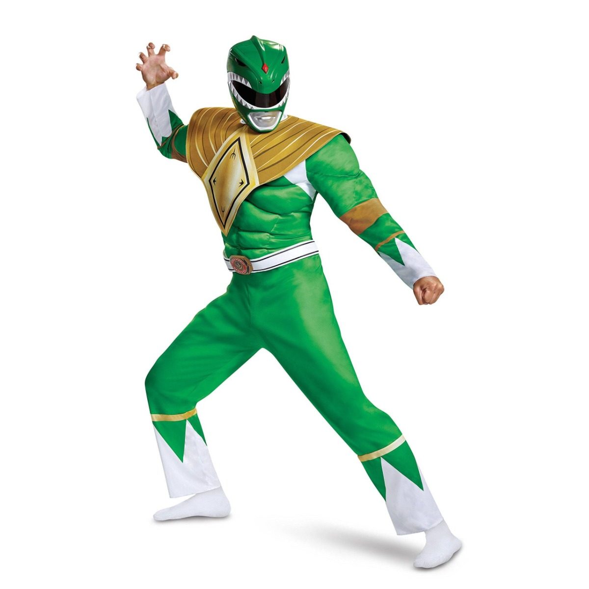 Mens Power Rangers Green Ranger Muscle Costume: green bodysuit with a gold cape-like mantle over the shoulders, a clawed gold chest emblem, and an elongated green helmet with a toothy white mouth grille