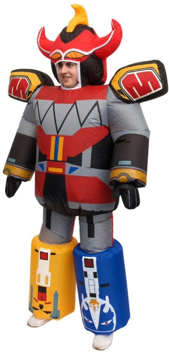 Power Rangers Megazord Inflatable Costume: bulky grey inflatable robot bodysuit with red and black chest panelling, a yellow and black zigzag stripe, flared winged shoulder pieces, and an oversized helmet with sweeping horn-like fins