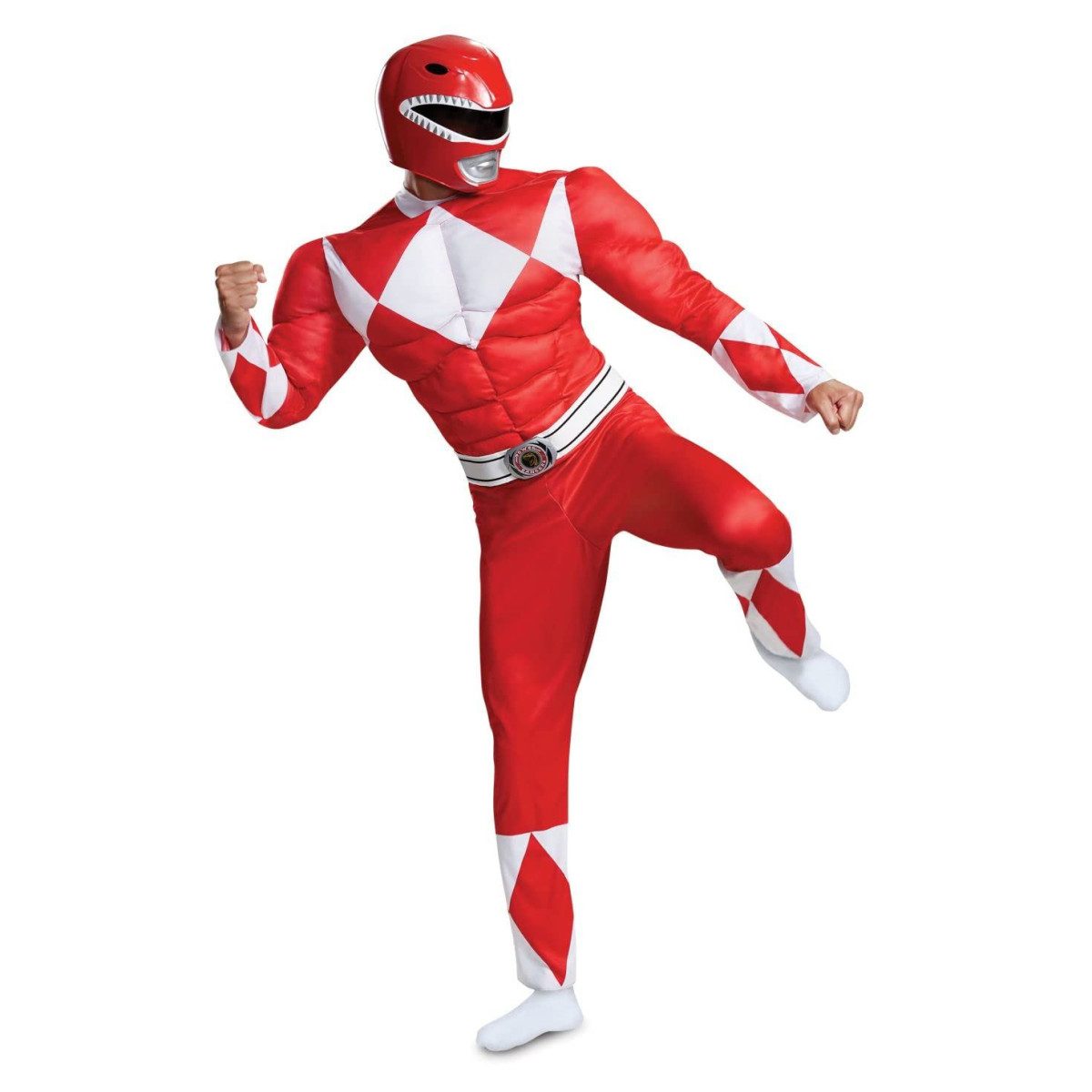 Mens Power Rangers Red Ranger Muscle Costume: red bodysuit with sculpted white diamond muscle panelling on the chest and arms, a white belt with a round buckle, and a glossy red helmet with a toothed white grille