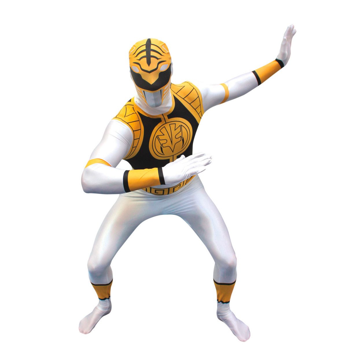 White Power Ranger Morphsuit: skin-tight white stretch bodysuit with a printed black and gold beast-face graphic over the head and a flat black and gold chest panel with a circular emblem