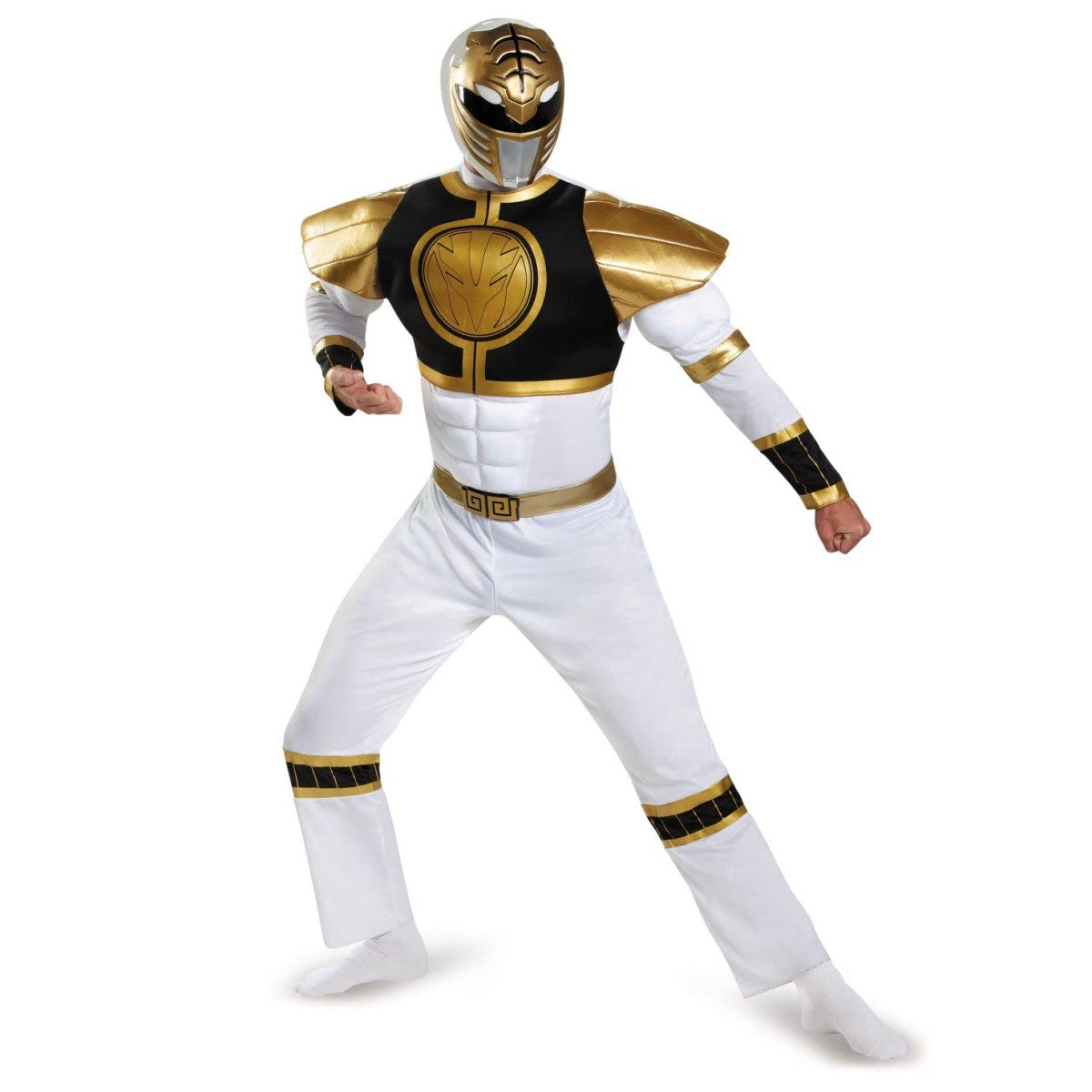 Mens Power Rangers White Ranger Muscle Costume: white bodysuit with gold pauldron shoulder pieces, gold and black striped trim, and a chrome-visored helmet with a stylised gold face plate