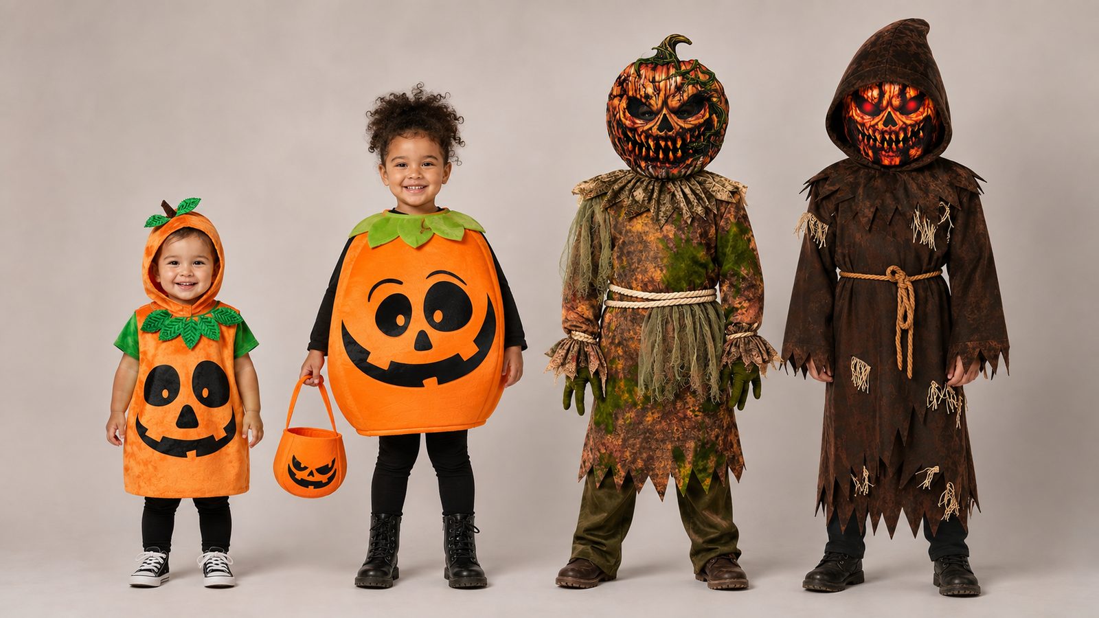 Four kids pumpkin costumes ranked cute to creepy: an orange padded pumpkin tabard for toddlers, a padded pumpkin tabard shaped like a round pumpkin with a treat bag, an orange scarecrow-pumpkin costume with a foam mask, and a brown hooded scarecrow-pumpkin costume with a glowing red-eyed mask