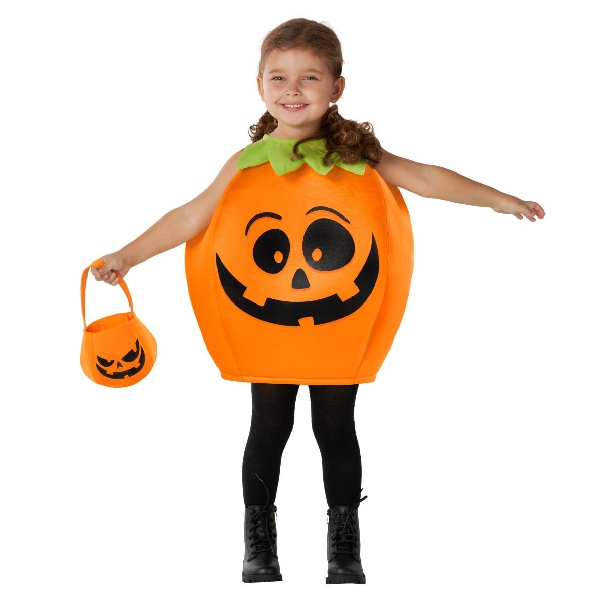 Kids round pumpkin costume, an orange padded tabard shaped like a round pumpkin with a smiling jack-o-lantern face and green leaf collar, worn with black tights and a matching pumpkin trick-or-treat bag