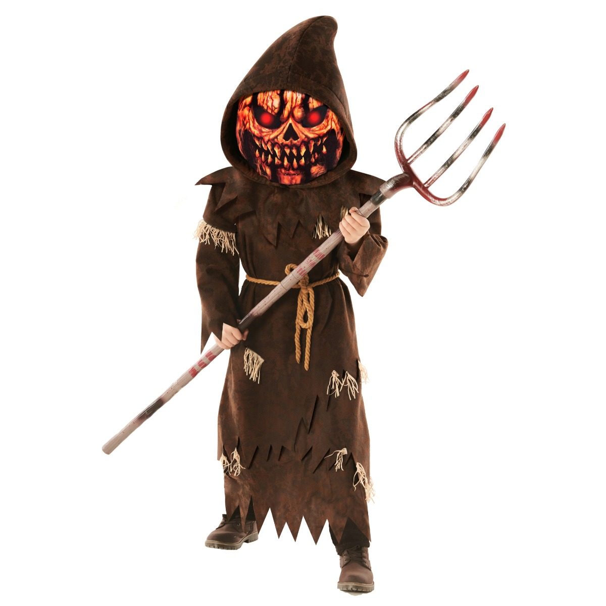 Kids scary pumpkin monster costume, a dark brown hooded cloak with a distressed ragged hem and rope belt, worn with a foam jack-o-lantern mask that has glowing red eyes and a menacing carved grin, holding a toy pitchfork prop