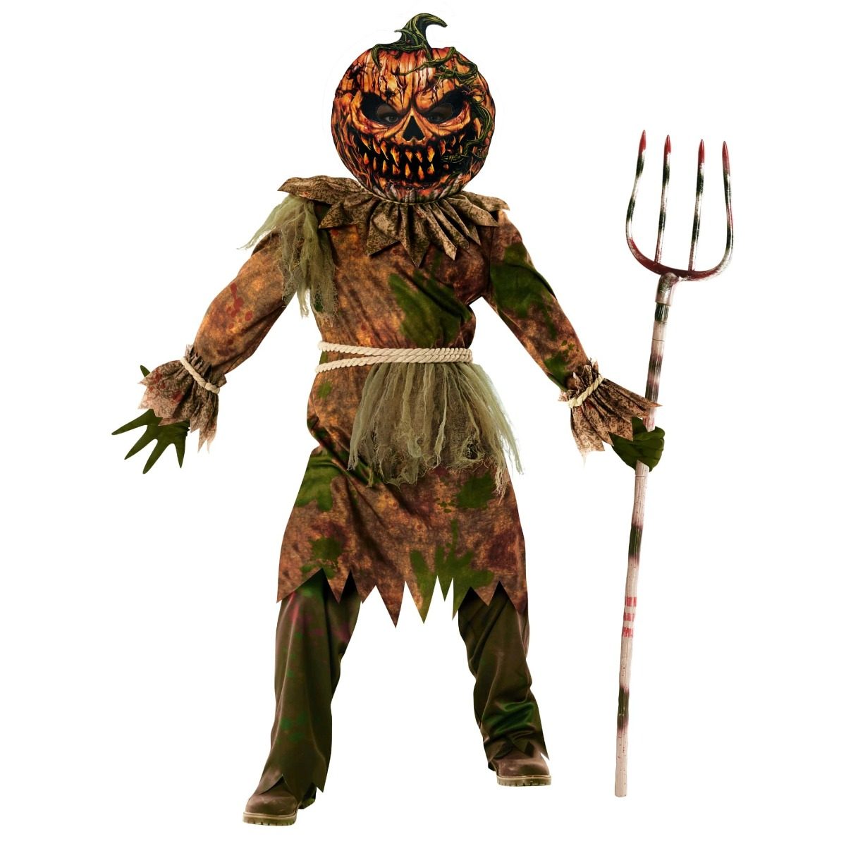 Scary pumpkin scarecrow costume for kids, a distressed brown and green tunic with a printed straw-look collar, rope belt and green clawed gloves, worn with a large foam jack-o-lantern mask with a menacing carved grin