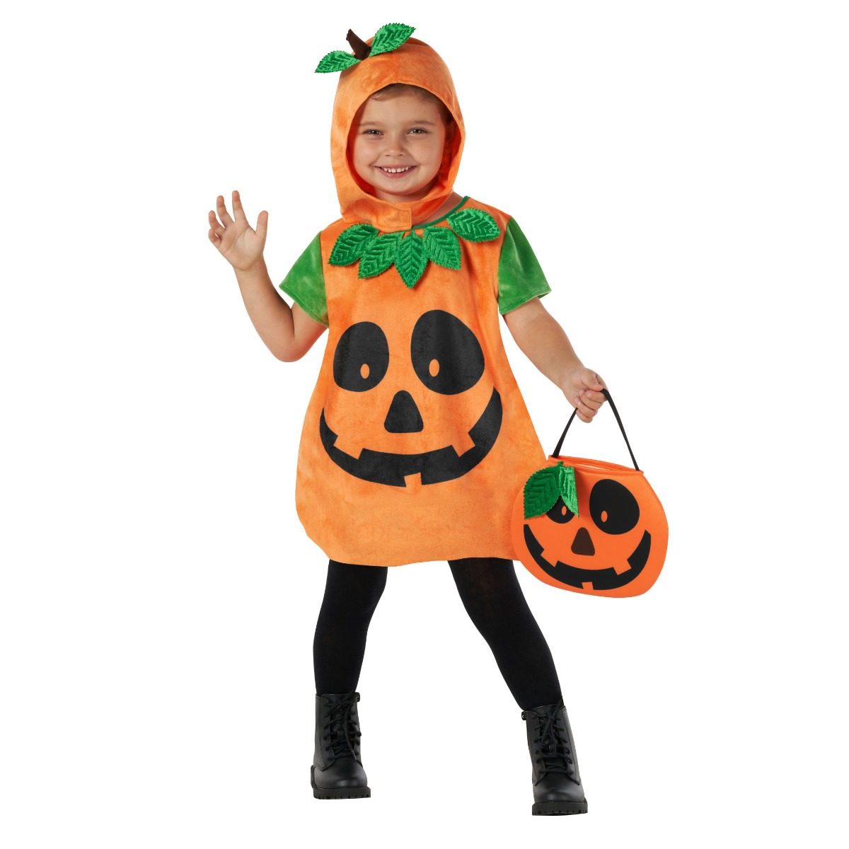 Kids pumpkin tabard costume, an orange padded tabard with a smiling jack-o-lantern face and green leaf collar, worn with a separate pointed hood with a stem and leaf on top