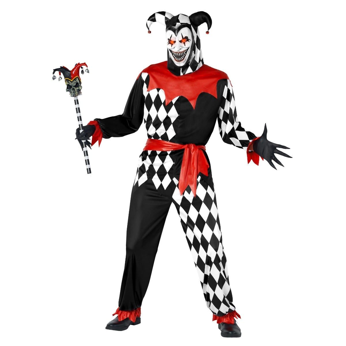 Men's light-up scary jester costume with a black and white diamond-print top and trousers, red bib and cuffs, and a hooded jester mask with glowing red eyes
