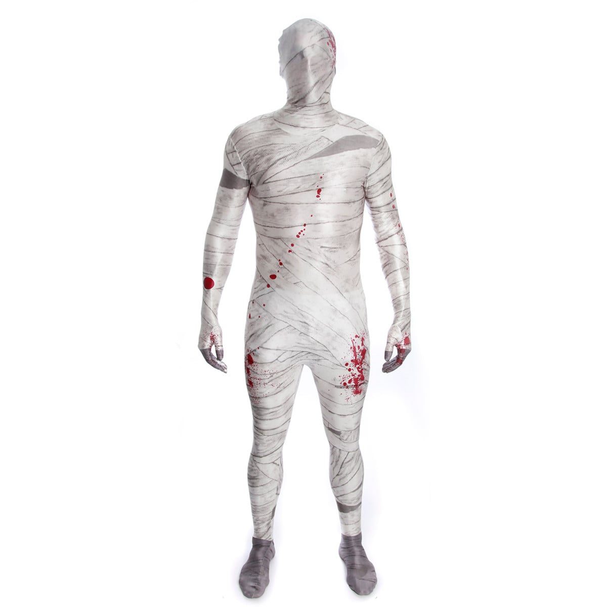 Mummy Morphsuit costume printed with wrapped bandages and red blood spatter, shown head to toe