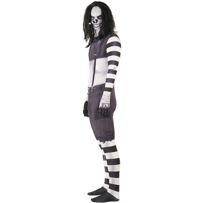 Black and white nightmare clown morphsuit with striped arms and legs, pinstripe shorts print, wrapped torso and scraggly black wig