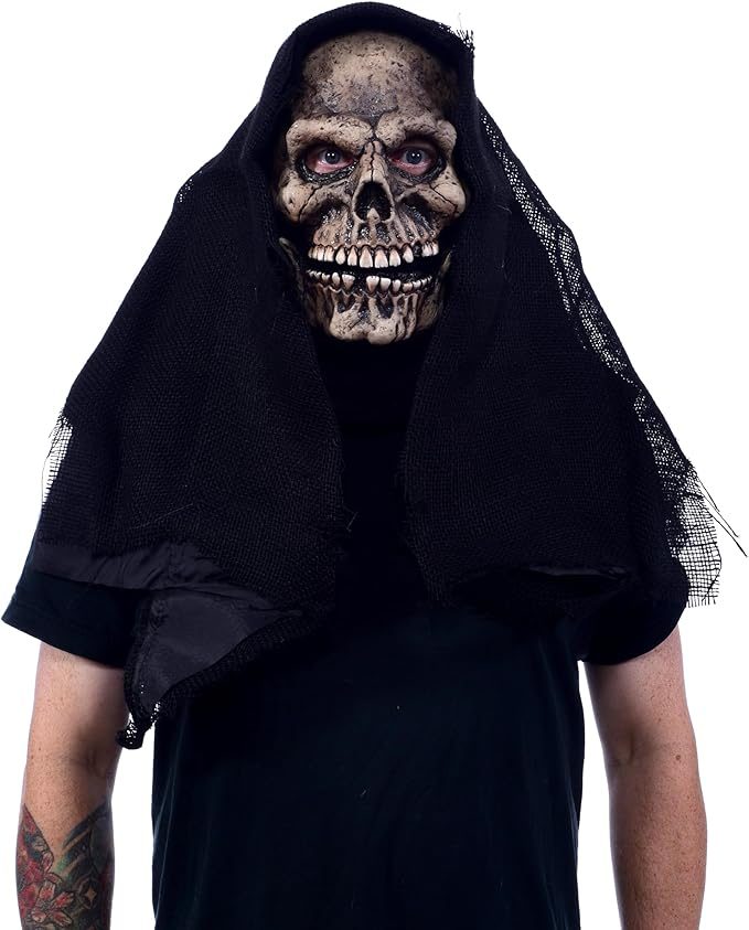 Realistic grim reaper skull latex mask with a movable jaw and attached black hessian hood shroud