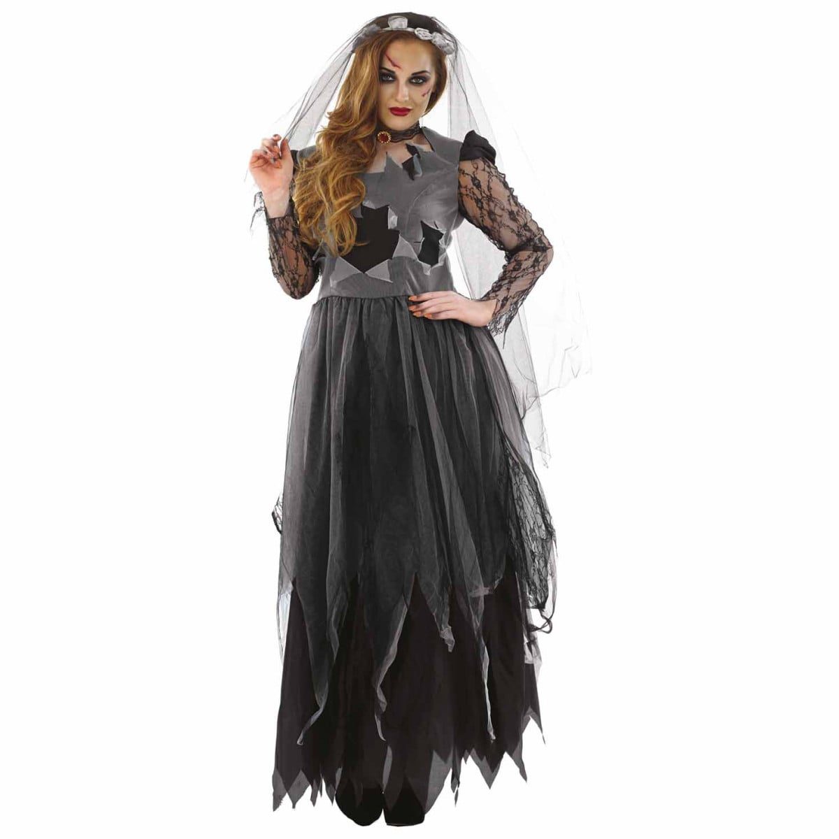 Zombie bride costume with a long black distressed dress, lace sleeves, choker and black veil headband