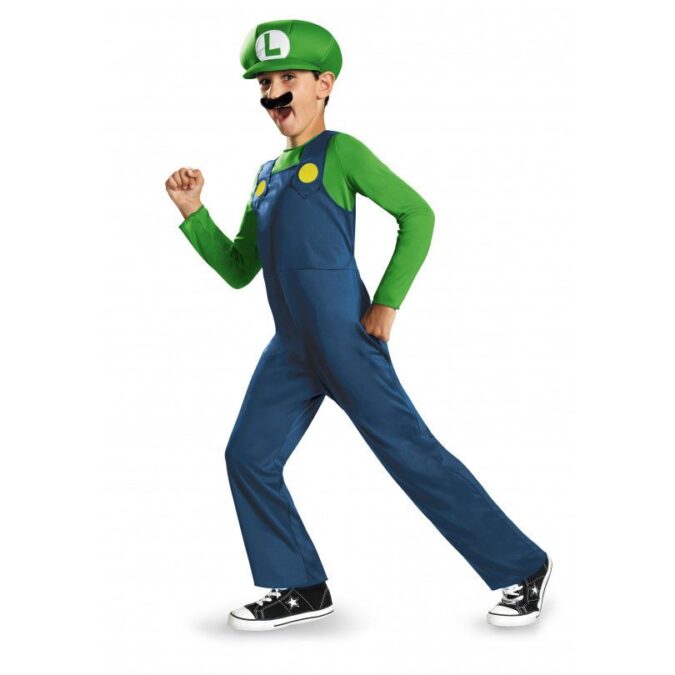 Kids Classic Nintendo Super Mario Bros Luigi costume: green one-piece jumpsuit with a green pointed cap featuring a white circle "L" patch, and a black self-adhesive moustache