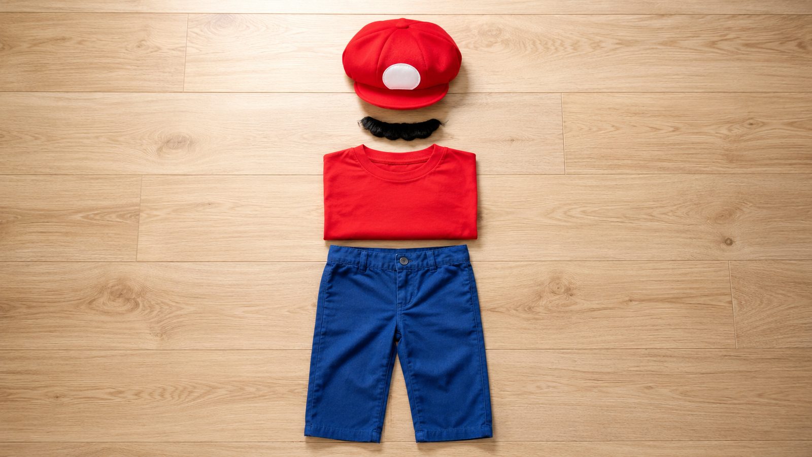 A red cap with a white circle patch and a black moustache laid flat next to a plain red t-shirt and blue dungarees, showing how to build a Mario look at home