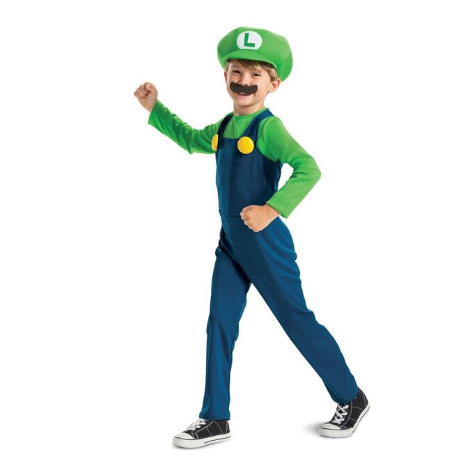 Kids Super Mario Bros Luigi costume: green one-piece jumpsuit with a flatter green cap and a black moustache, worn with plain black trainers