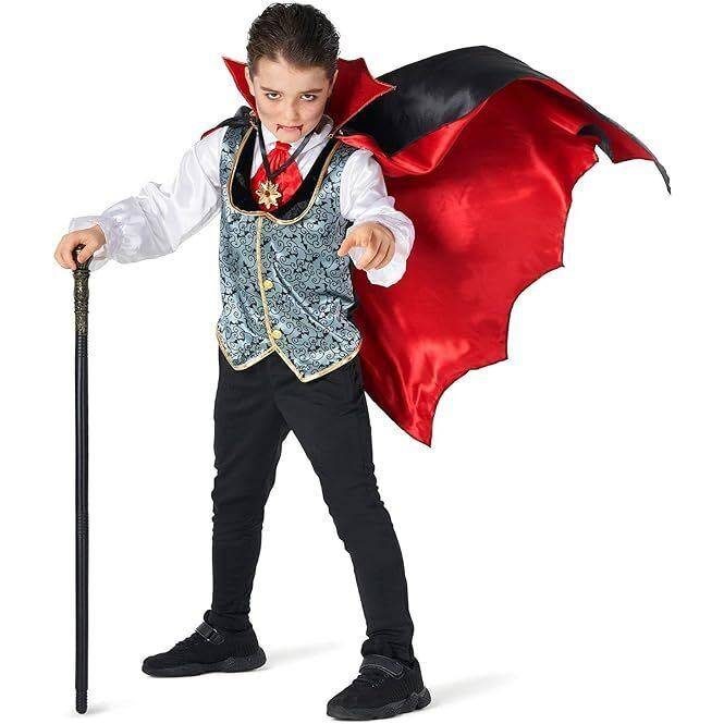 Boys Vampire Dracula costume, a black and red waistcoat with an attached shirt, a fully lined red and black cape and a gold medallion, held with a black cane