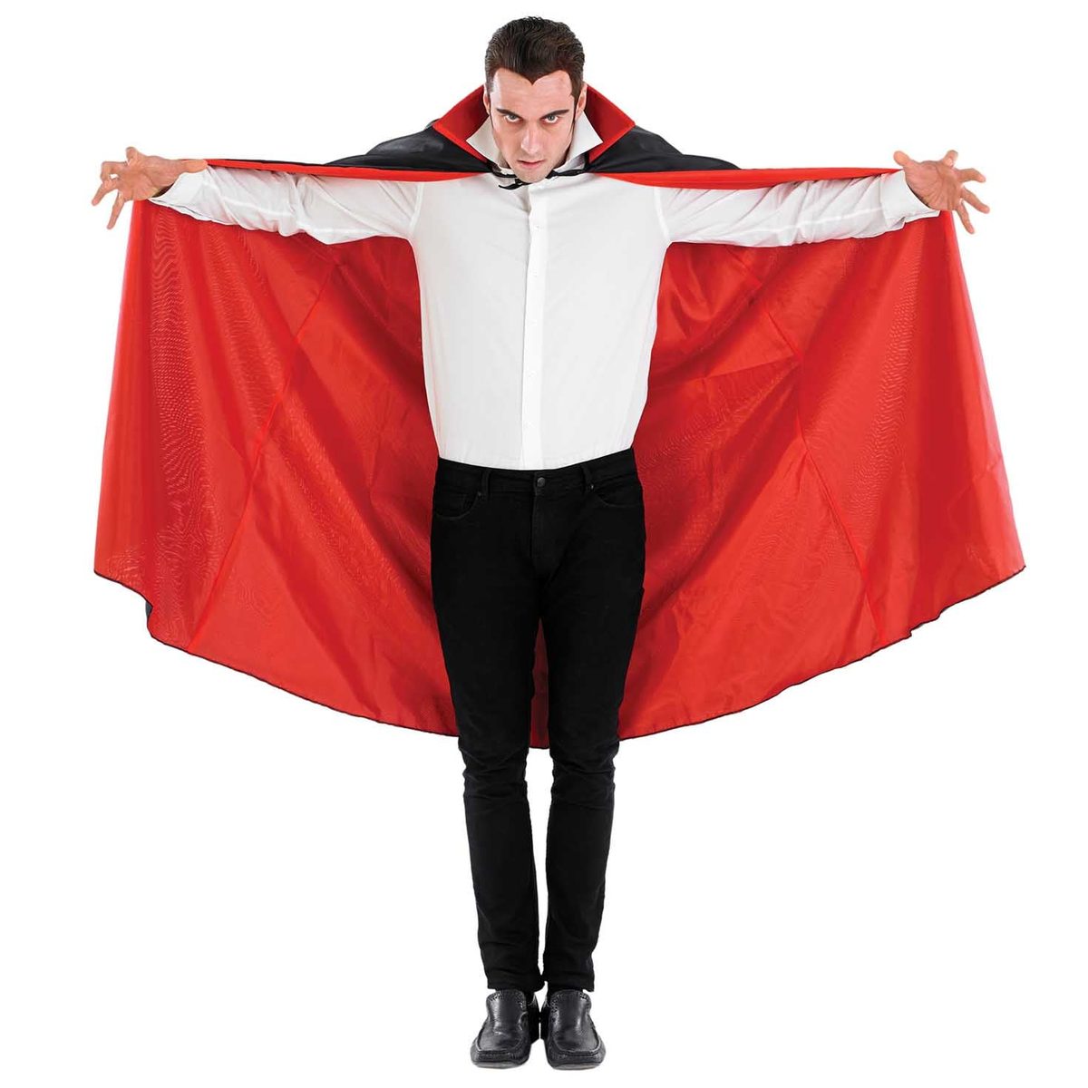 Vampire Cape Deluxe, a long cape with a black outer, a red lining and a high collar with a neck clasp, worn open over a plain white shirt and dark jeans