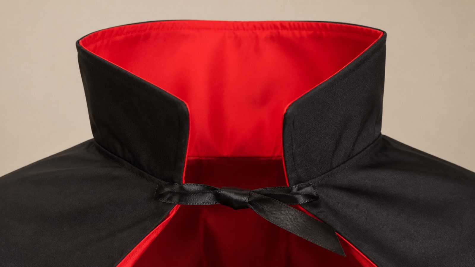Close-up of a black vampire cape's collar and red lining, showing the neck clasp fastening that keeps the collar upright