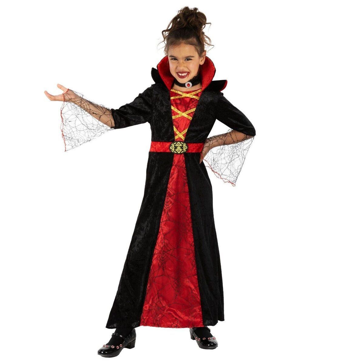 Girls Vampiress costume, a red and black velour dress with spiderweb mesh sleeves and a stand-up collar, worn with a lace choker