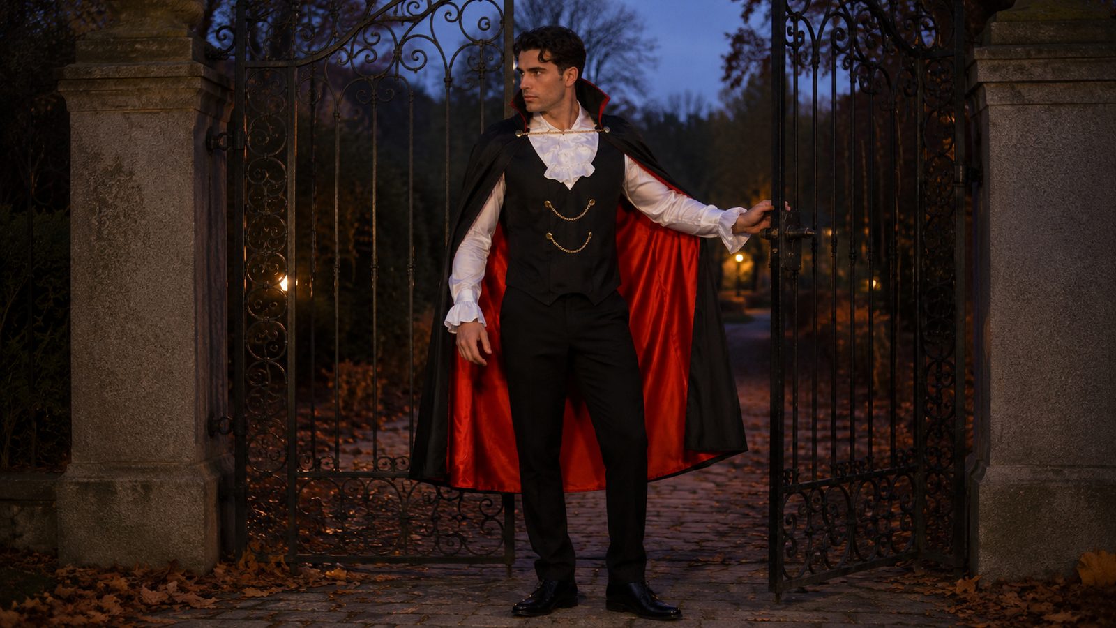 Man in a Dracula costume standing at a wrought-iron garden gate at dusk, wearing a black cape with an authentic collar and red lining over a black waistcoat with an attached ruffled shirt front