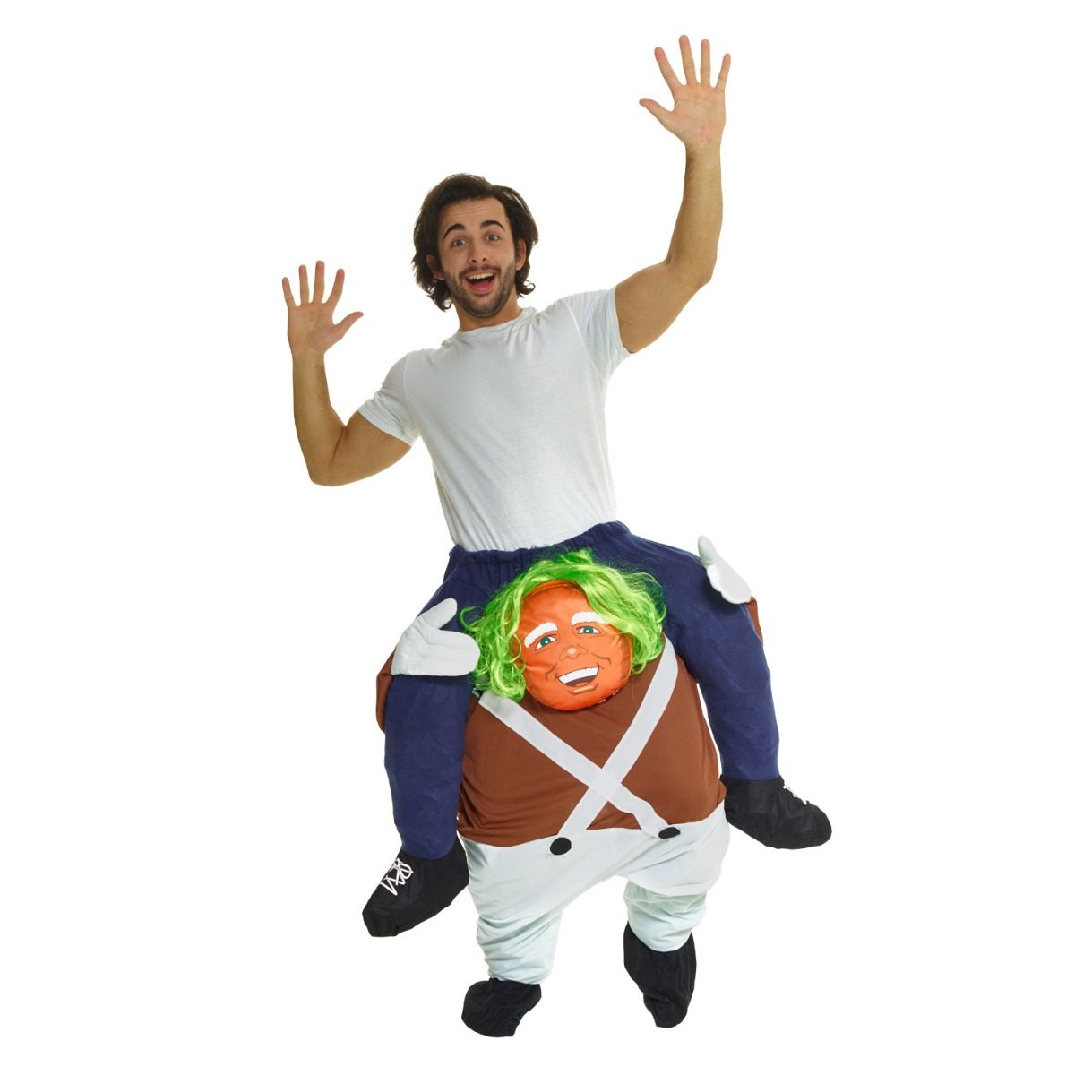 Adult wearing the Chocolate Factory Worker piggyback costume, appearing to be carried on the shoulders of an orange-faced, green-haired factory helper in brown cross-strap dungarees