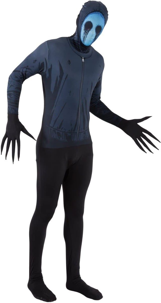 The Eyeless Jack costume morphsuit, a full-body suit with a printed dark hooded jacket, a blue-grey mask face with black weeping eye sockets and clawed hands
