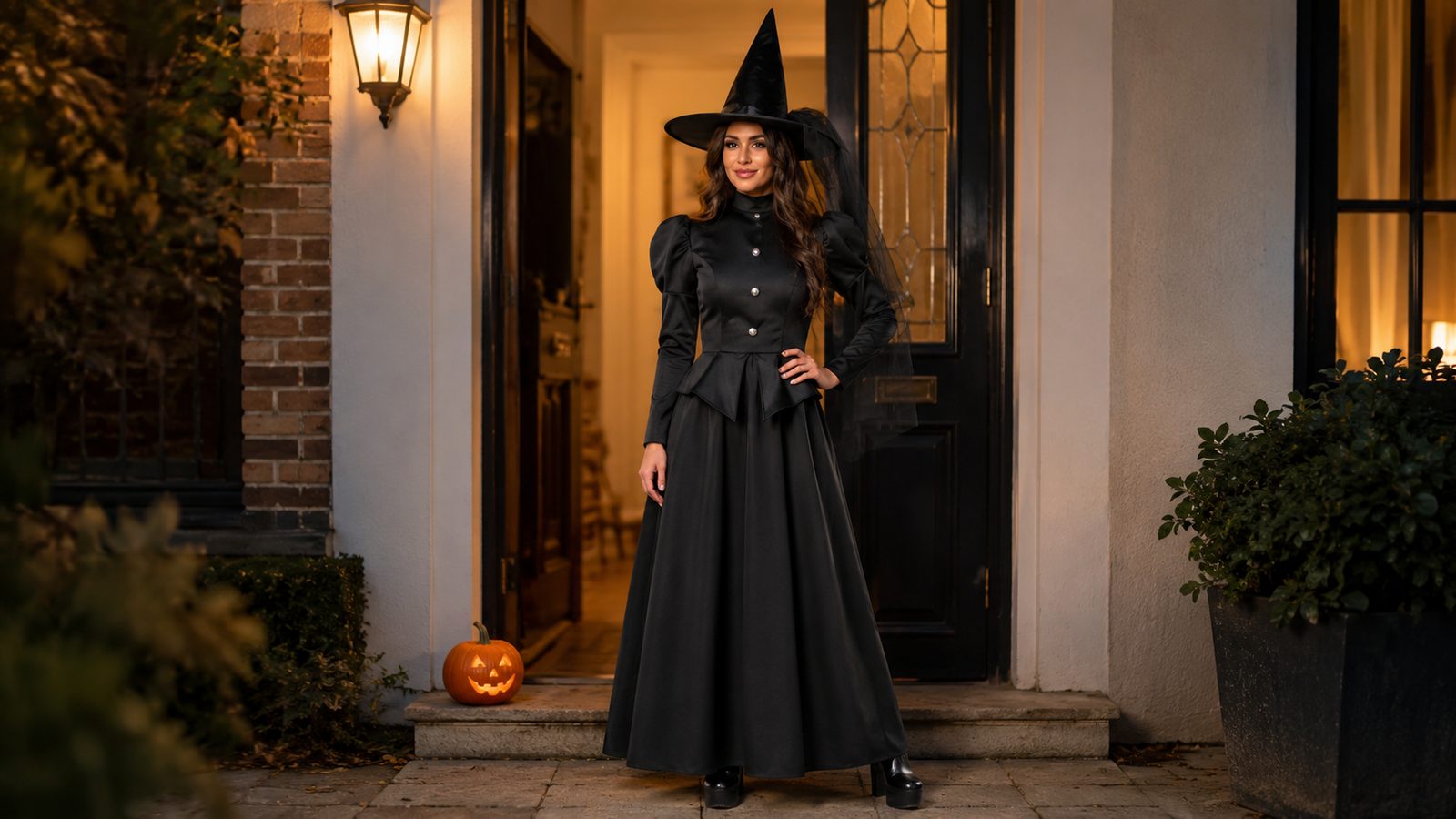 Woman wearing a full-length black witch costume showing the flattering cut and fit across the body