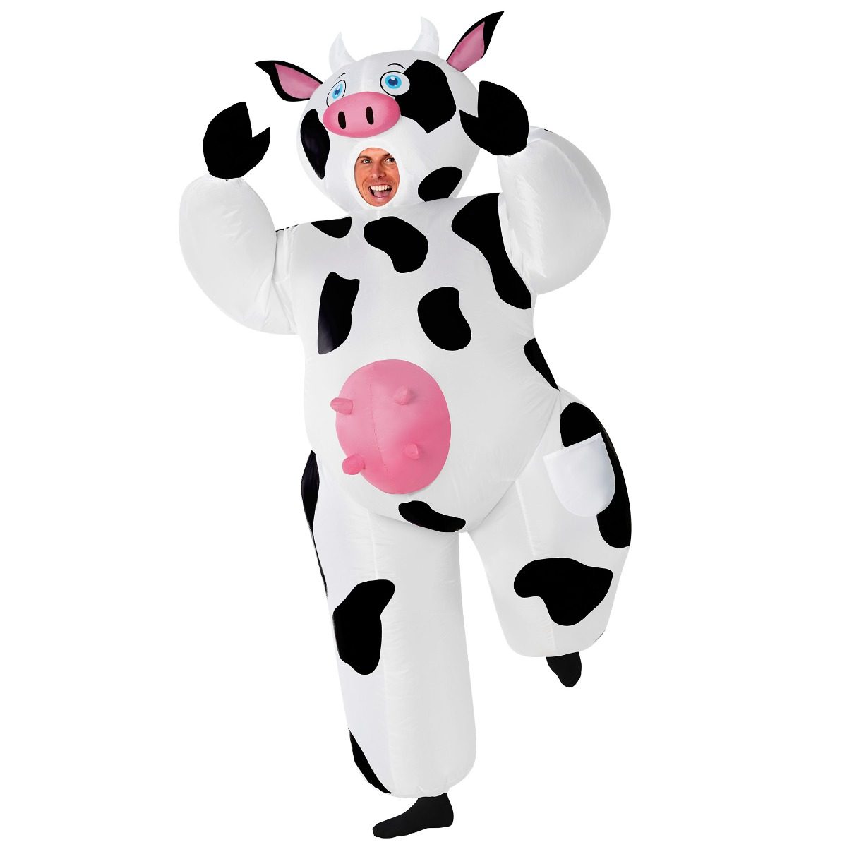 Man laughing inside a giant inflatable cow costume with black and white spots, horns, a pink snout and a pink udder, his face showing at the neck