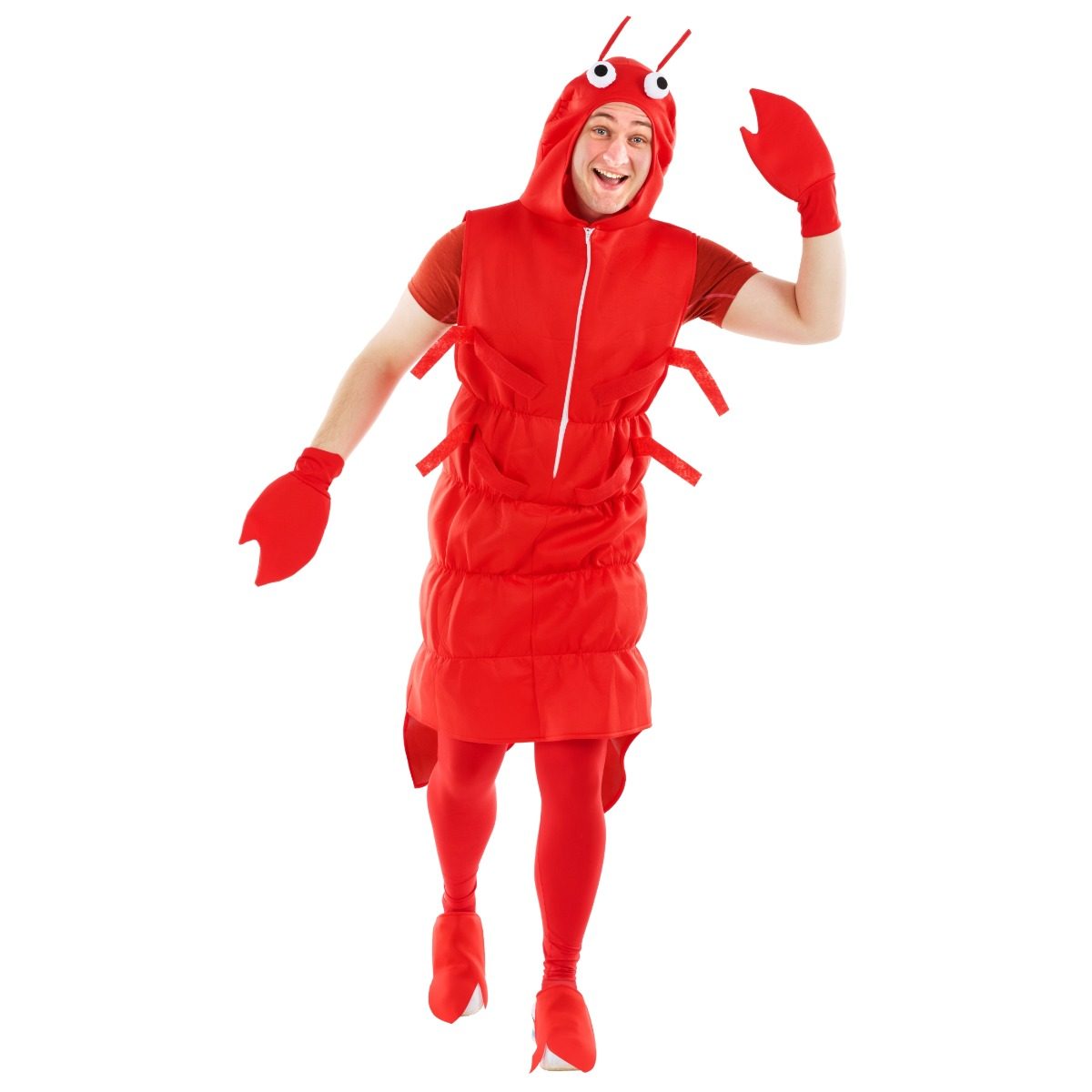 Man laughing in a red lobster costume with a hooded tabard, two red claw mitts and eyes on stalks, worn over a red top and leggings