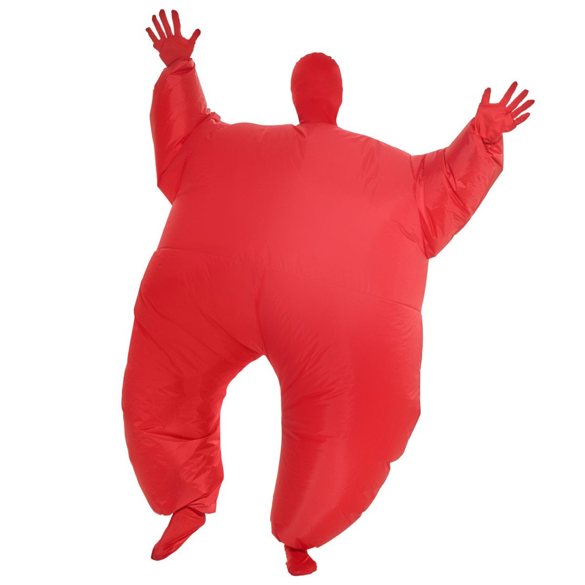 Man in a full-body red inflatable second-skin suit blown up to a huge rounded shape, arms raised, red gloves and red hood