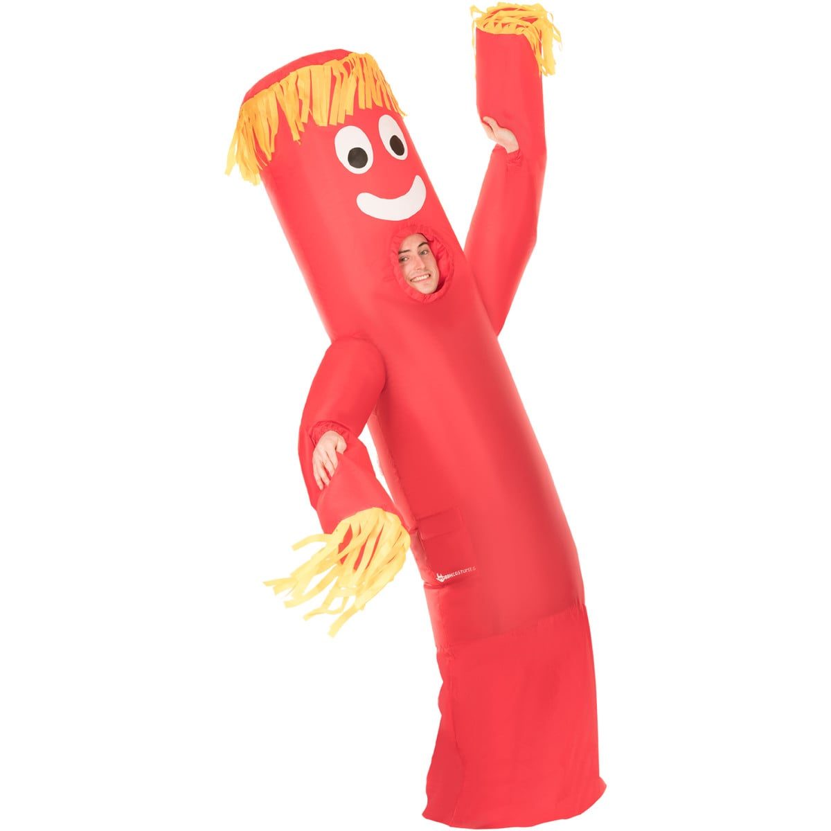 Man's face grinning through the chest window of a tall red wacky waving inflatable tube man costume with yellow shredded hair and big cartoon eyes