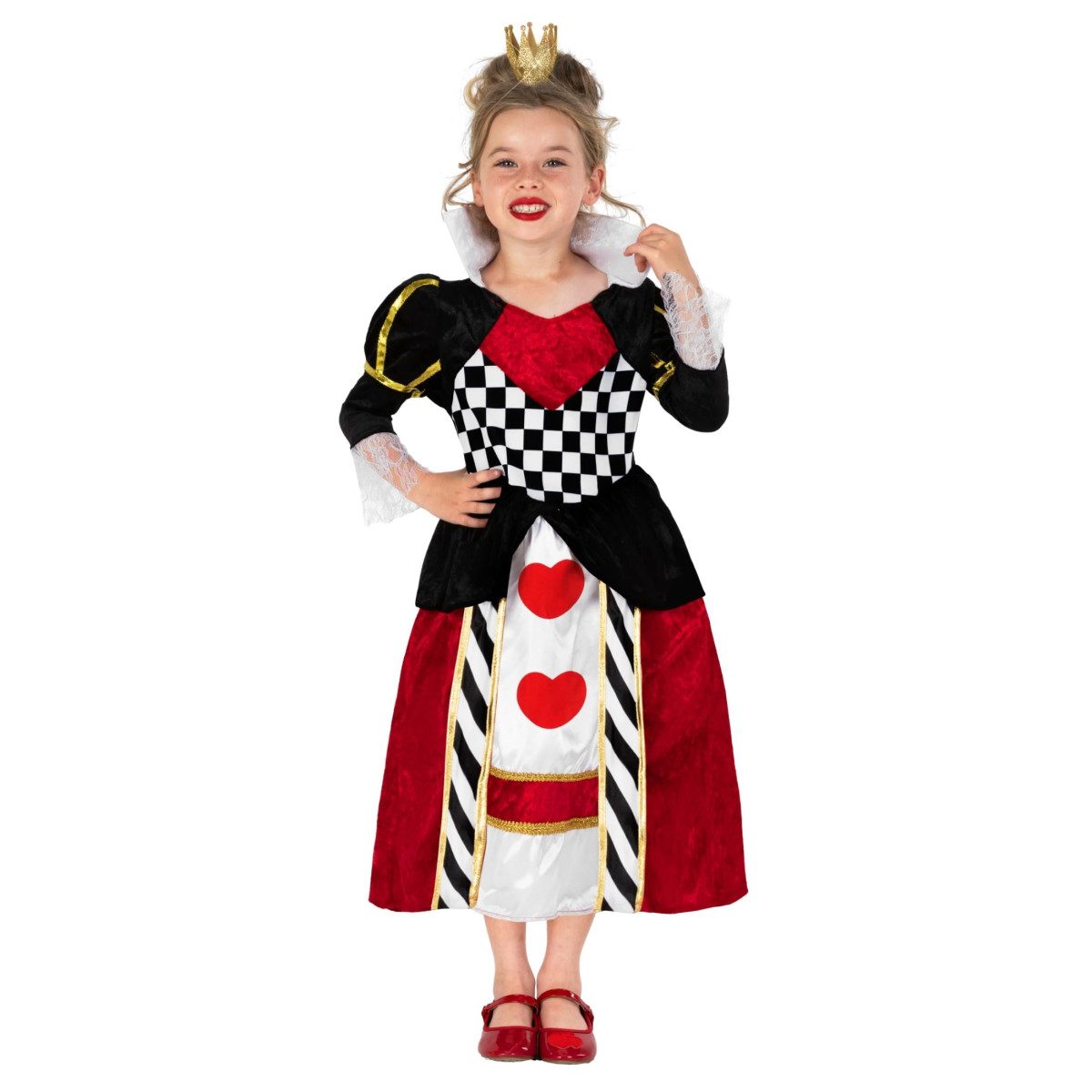 Kids Fairytale Queen Costume, long-sleeve velour dress with heart print, chequerboard bodice and regal collar