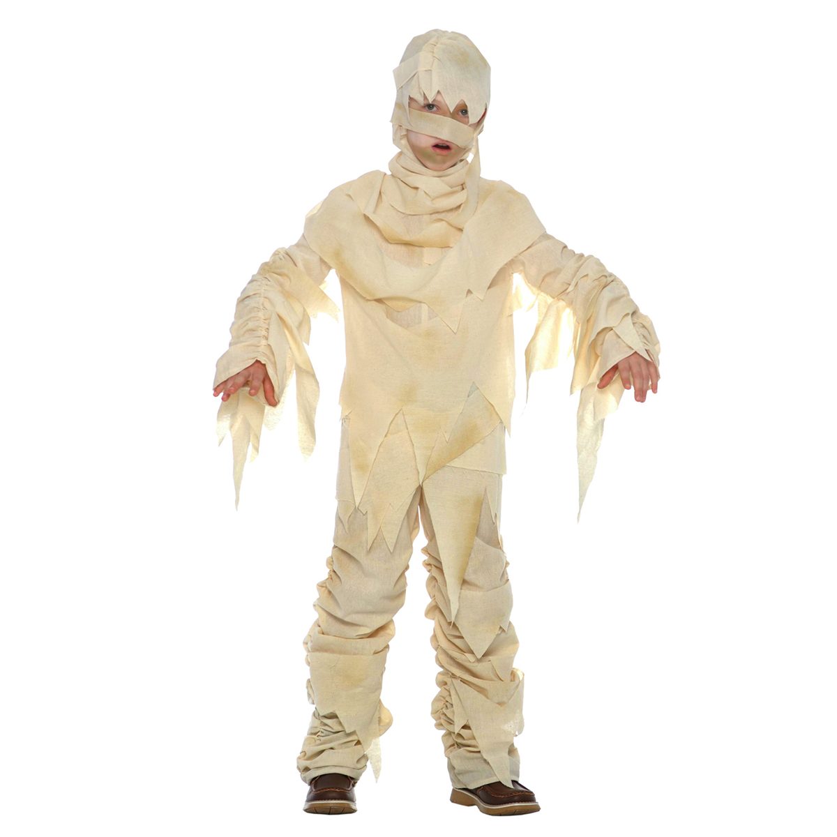 Kids Mummy Costume in pale cream bandage-print fabric with a wrapped hood, jagged frayed edges and eye gap, front view
