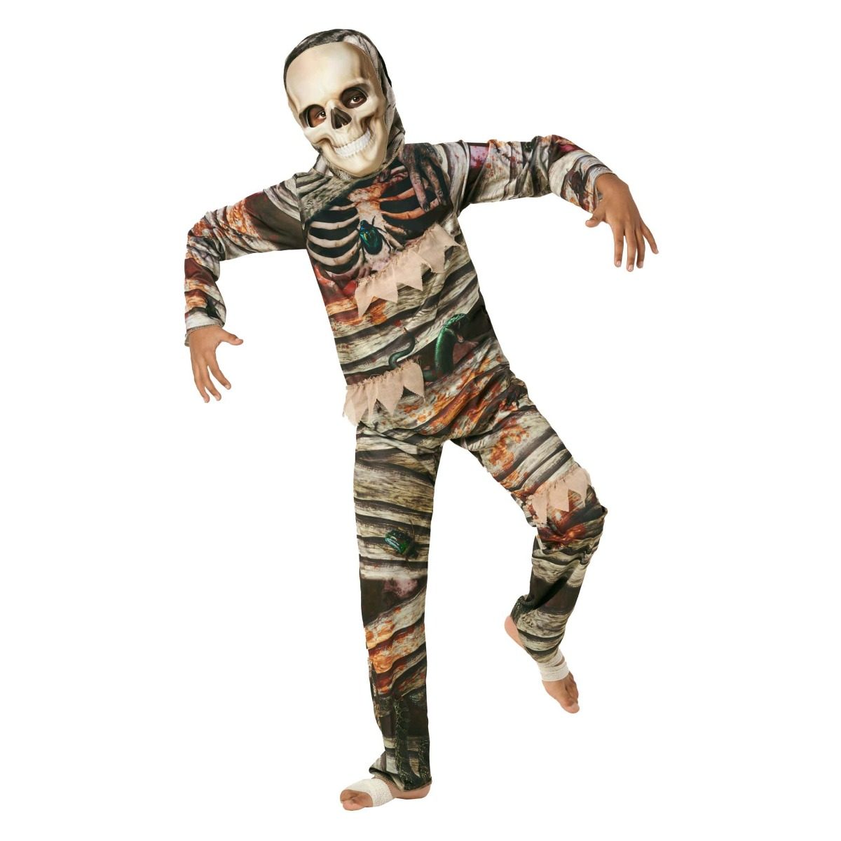 Kids Two Faced Mummy Costume in a detailed bandage-print jumpsuit with a hood and a pale skull mask covering the front of the face