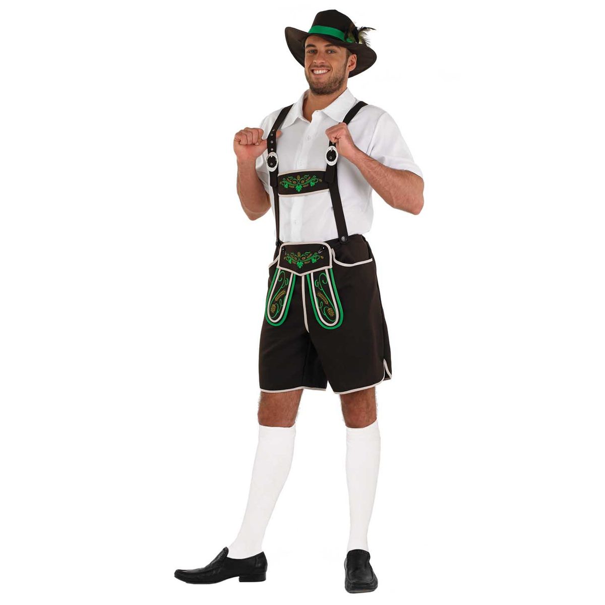 Mens Lederhosen Costume: dark brown lederhosen shorts with H-back braces and green embroidery, a white shirt and a feathered hat, front view