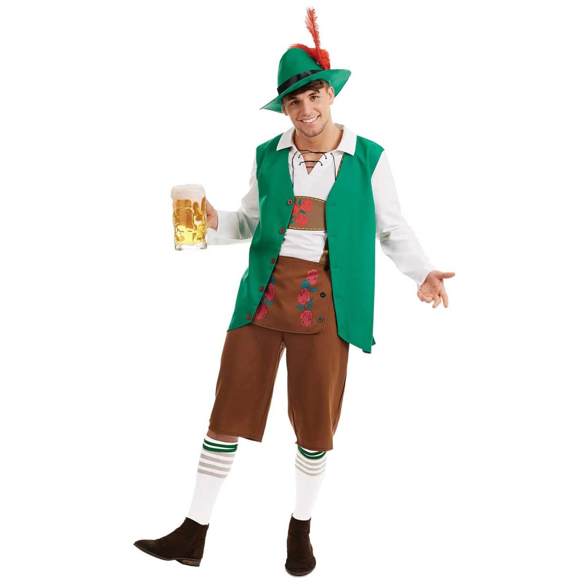 Mens Traditional Oktoberfest Lederhosen Costume: green feathered hat, white lace-up shirt, open green waistcoat, brown knee-length lederhosen with red rose embroidery and white striped knee socks, front view