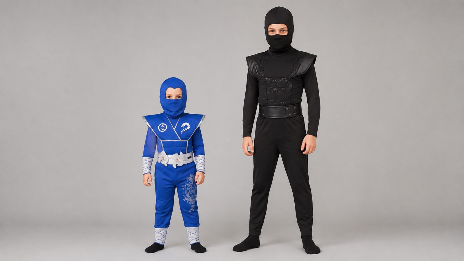 A younger child and an older child side by side in ninja costumes, showing the range fits from toddler to early teens