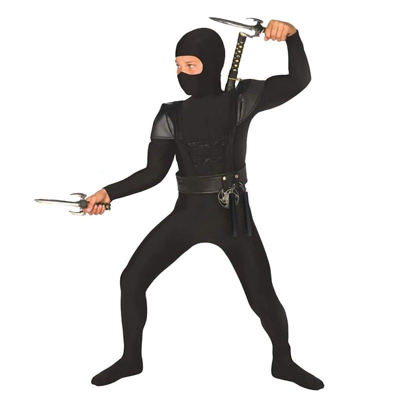 Child in the Kids Black Ninja Costume, a black hooded outfit with padded shoulder armour, holding toy sai daggers with a toy sword strapped to the back