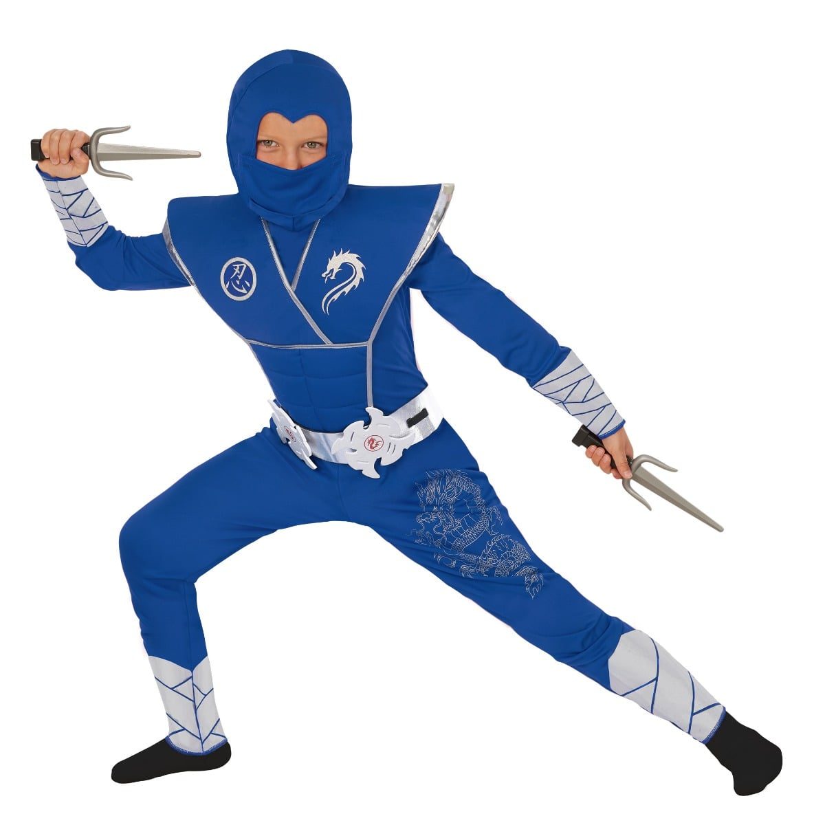 Child in a blue and silver dragon ninja jumpsuit with a removable mask and gloves